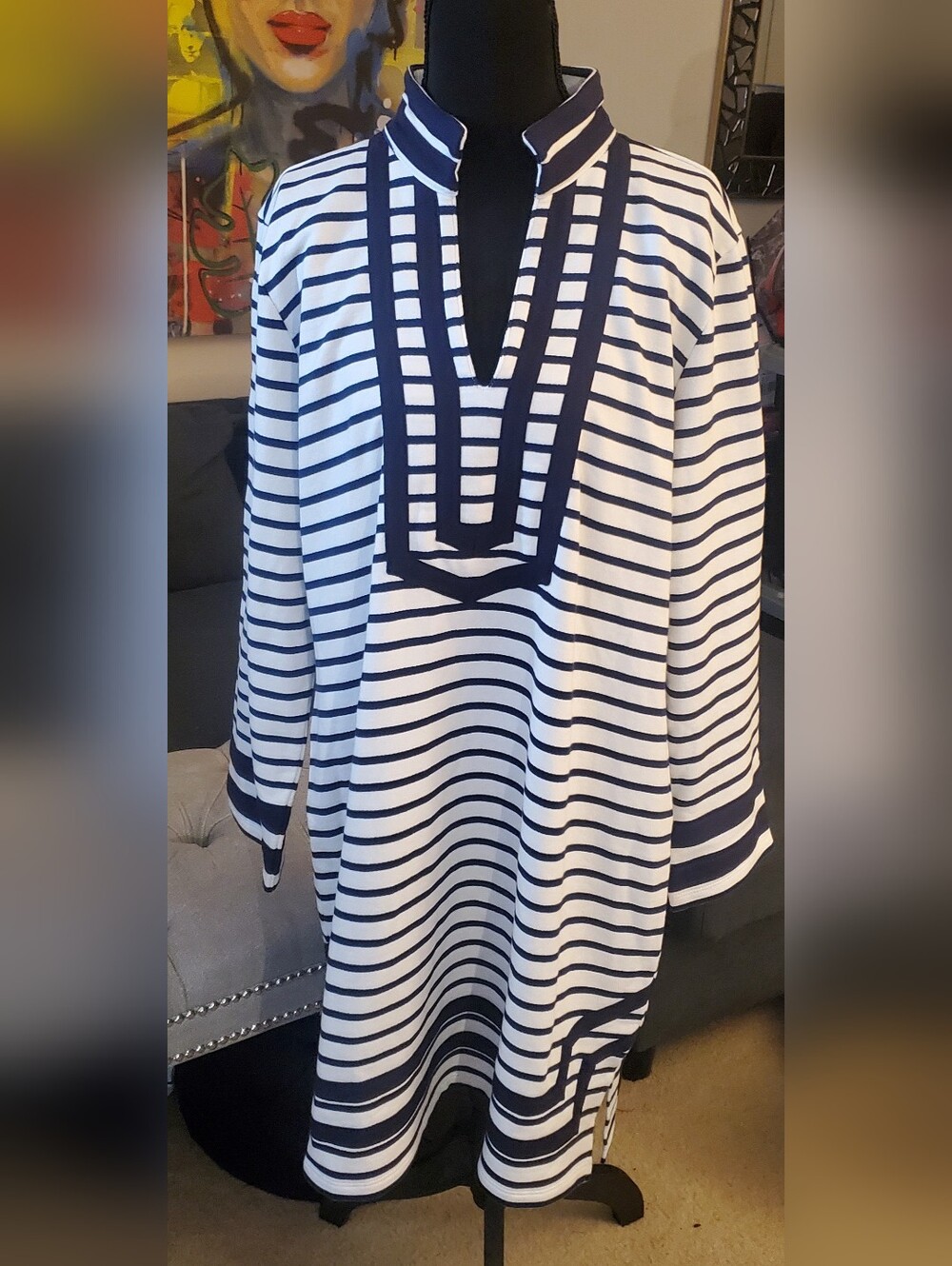 Sail To Sable Nautical Striped Navy and White Tunic Dress with Contrast Trim NWT